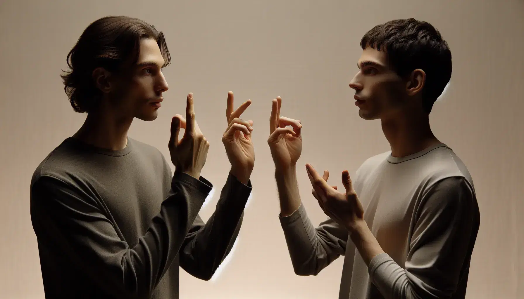 Two individuals communicate using French Sign Language, one with medium hair in a dark shirt, the other with short hair in a light top, both focused and expressive.