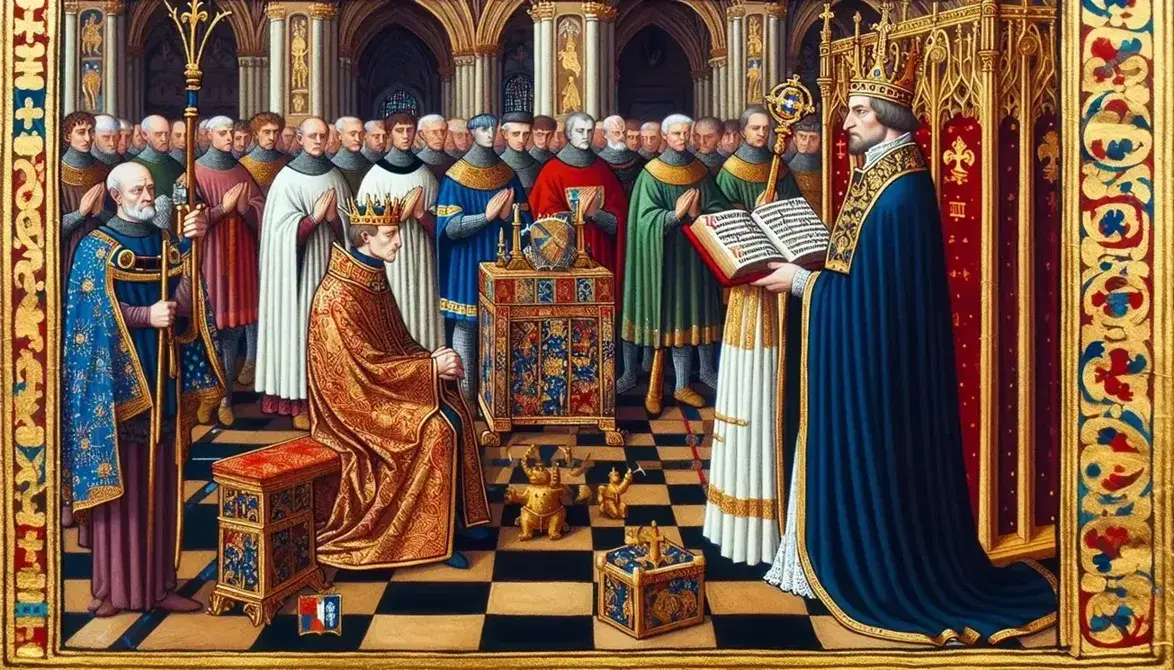Incoronazione di Pipino il Breve con mantello blu e corona d'oro, accanto a un altare con libro rosso e un ecclesiastico in bianco, circondati da nobili in armatura.
