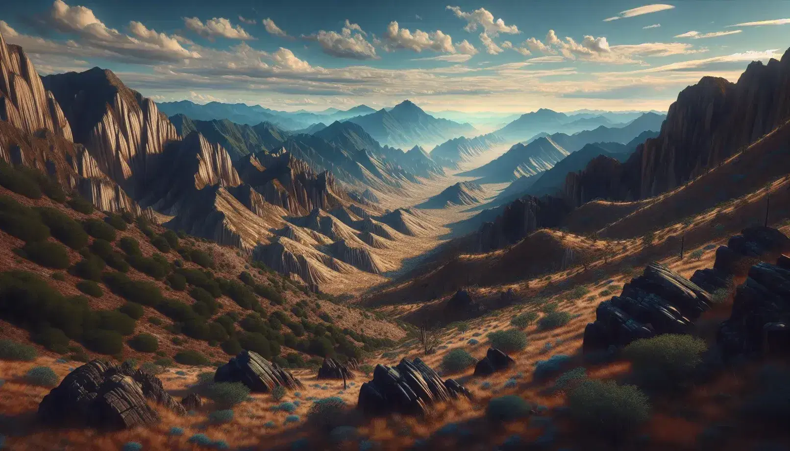 Paisaje montañoso con formaciones rocosas estratificadas, vegetación verde y cielo azul con nubes dispersas, sin presencia humana.
