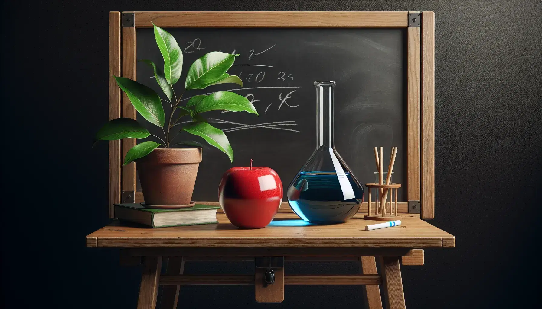 Blackboard on easel with a red apple, blue liquid in a flask, green potted plant, blank globe, and wooden cube on a table against a light gray wall.