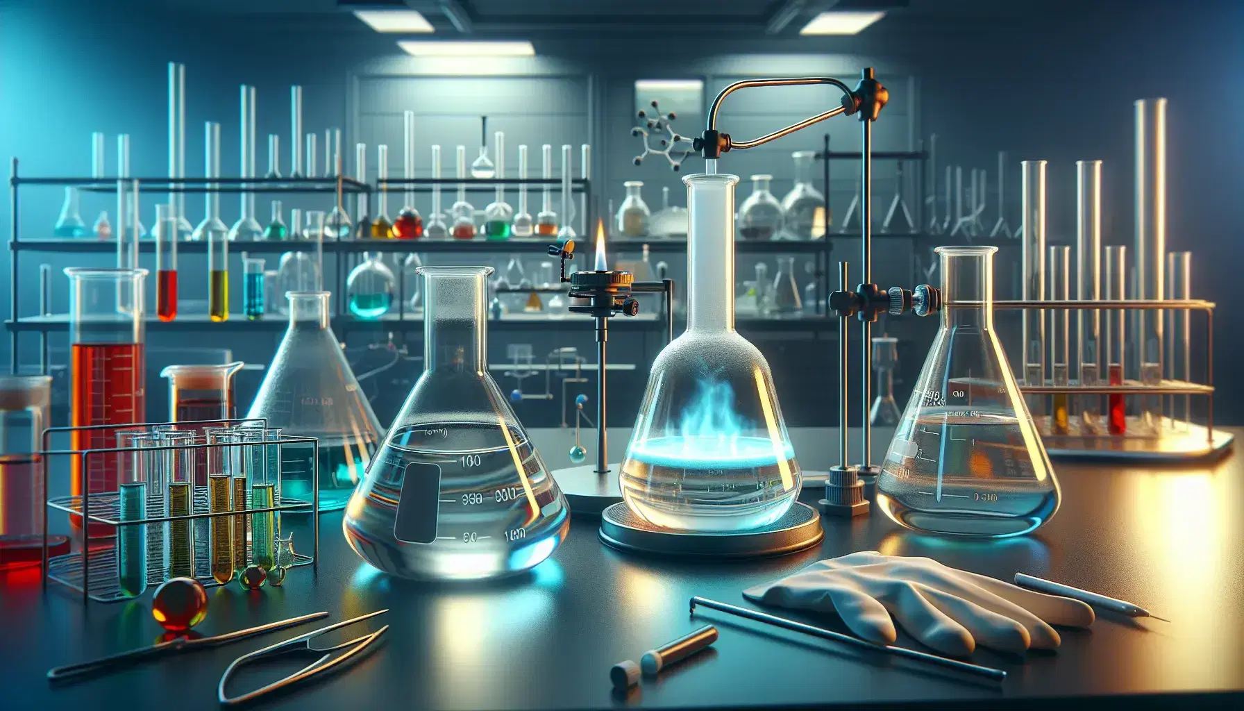 Laboratorio de química con matraz Erlenmeyer de líquido azul claro, vaso con líquido incoloro, mechero Bunsen encendido y tubo de ensayo con líquido amarillo, guantes y gafas de seguridad.