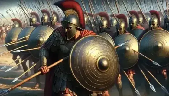 Greek hoplites in battle, bronze armor and helmet with crimson plume, round shields and spears, under a cloudless blue sky.
