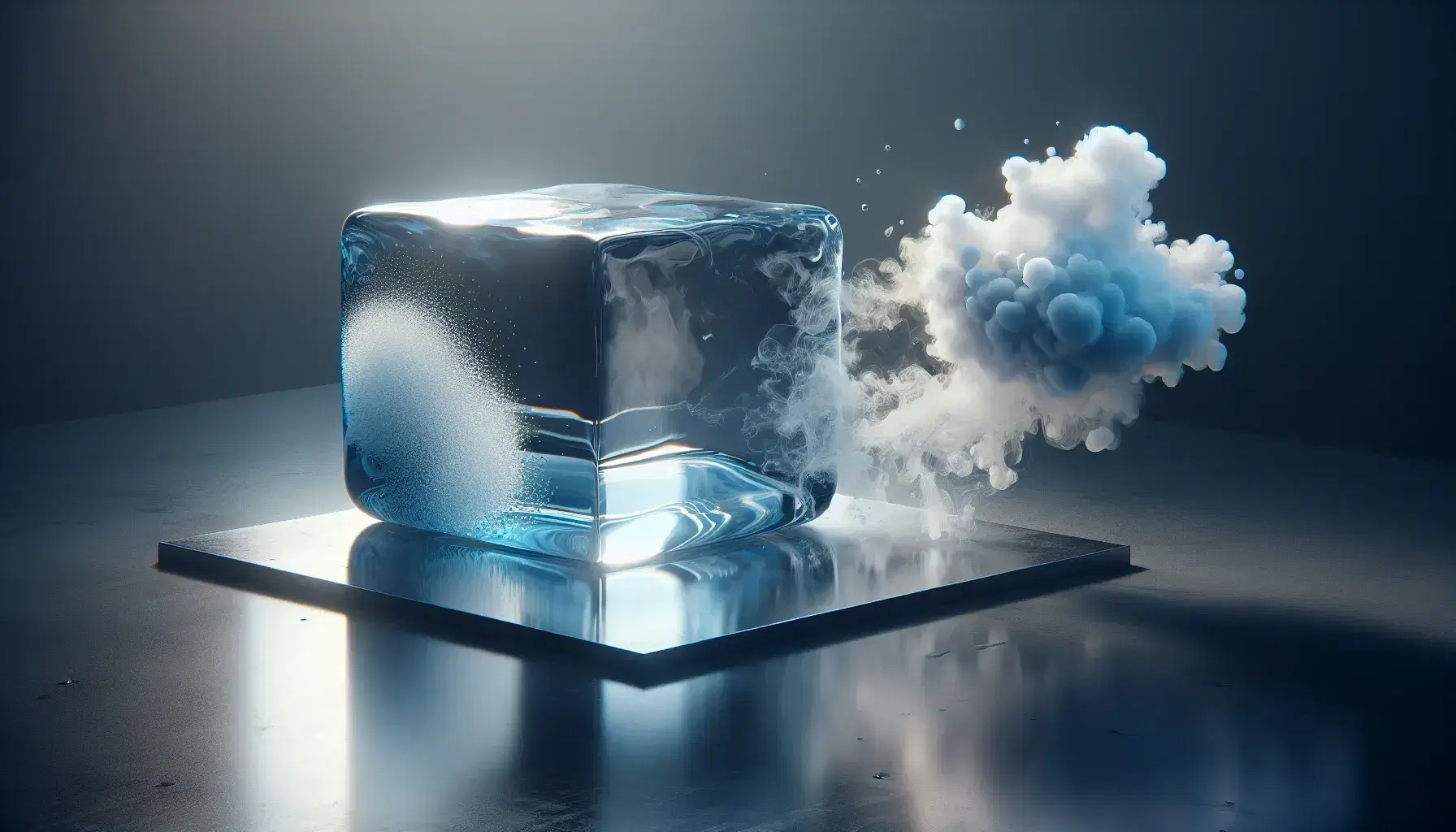 Stati della materia rappresentati da un cubo di ghiaccio, una pozzanghera d'acqua e vapore che sale su sfondo neutro.