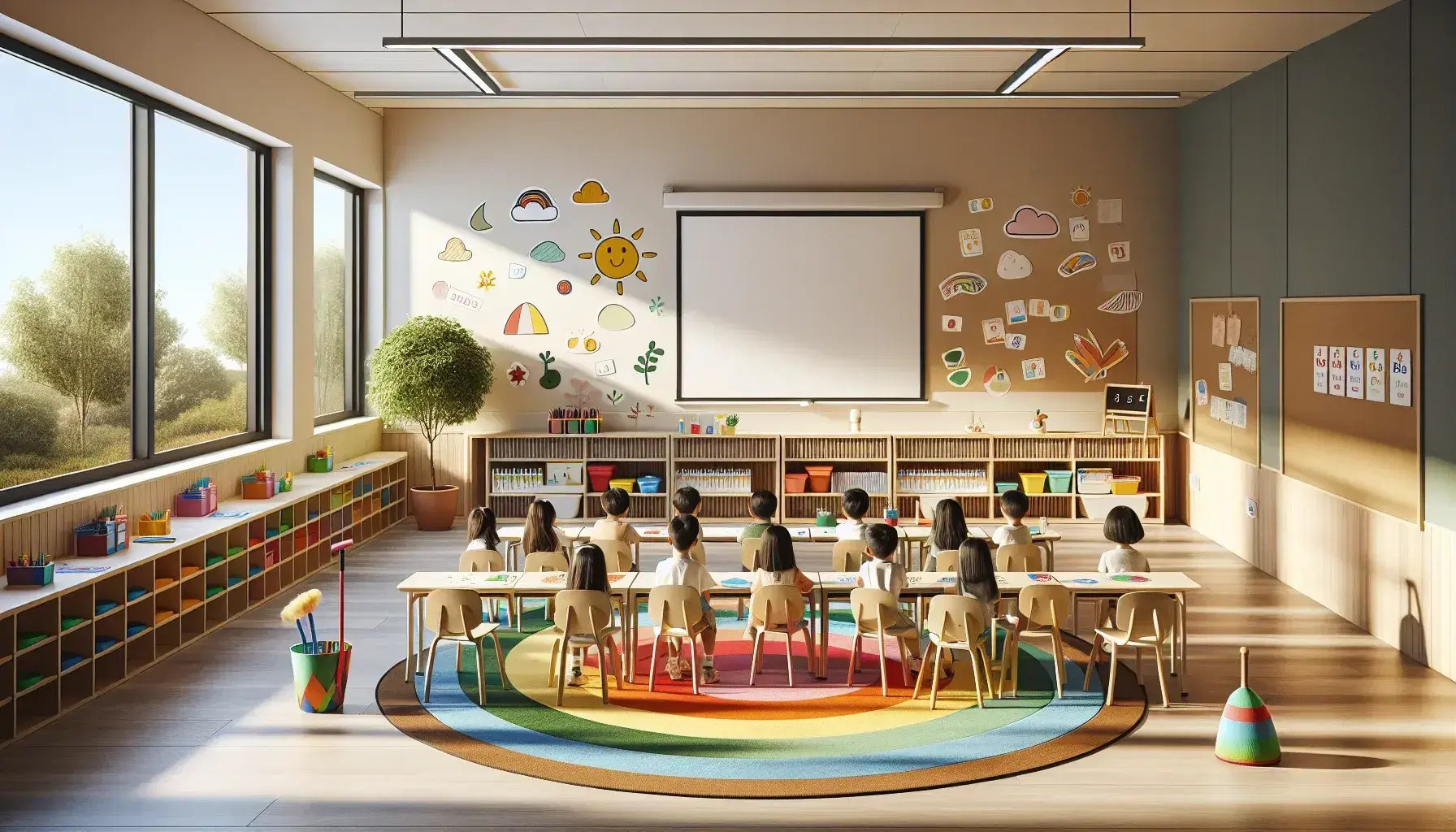 Aula de educación primaria con mesas y sillas infantiles en semicírculo, alfombra circular colorida, pizarra blanca y estantes con libros y materiales didácticos, iluminada por luz natural.