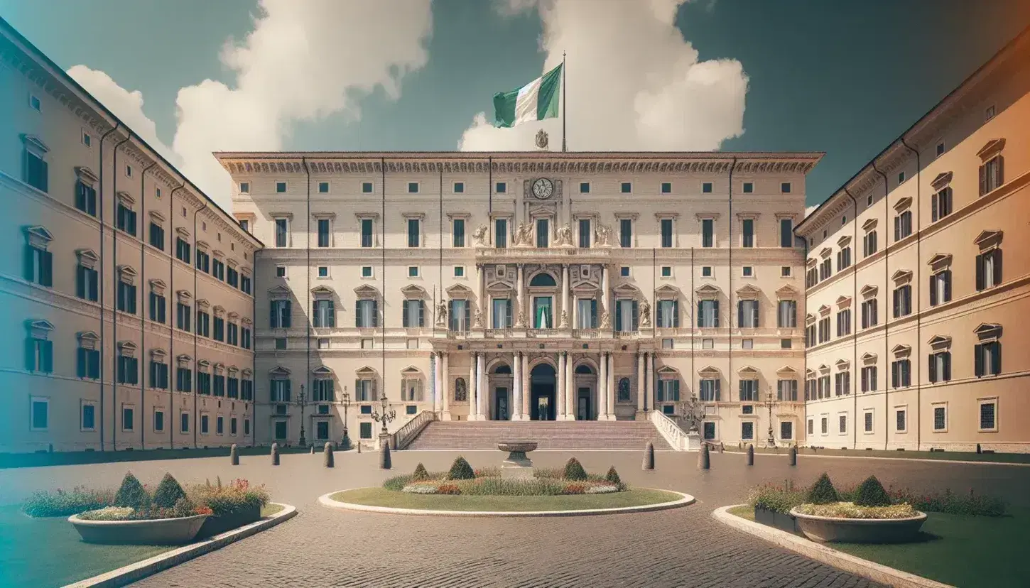 Palazzo del Quirinale a Roma, residenza ufficiale del Presidente della Repubblica, con bandiera italiana e giardini curati sotto cielo azzurro.