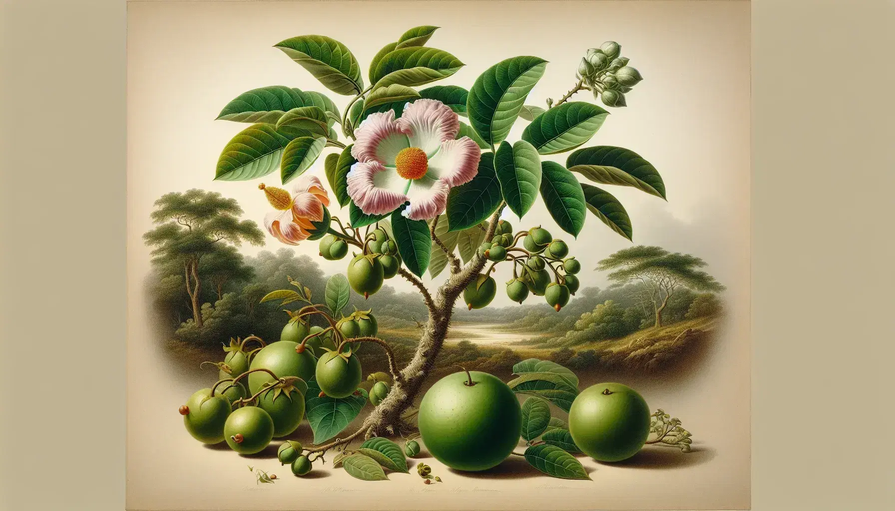 Planta con flores rosadas y frutos verdes en distintas etapas de crecimiento, hojas ovaladas y bordes serrados en un entorno natural desenfocado.