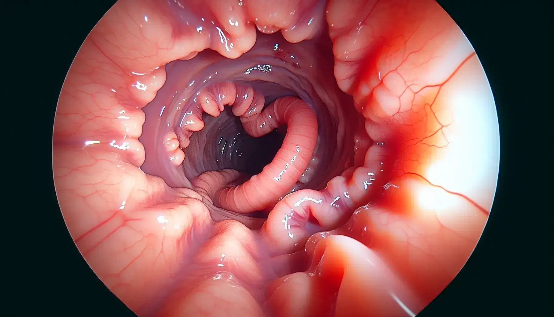 Vista interna del colon umano durante una colonoscopia, pareti rosa pallido con pieghe naturali e vascolarizzazione visibile, mucosa sana.