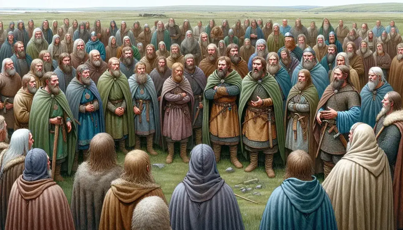 Viking Age 'thing' assembly with men in earth-toned tunics, a speaker in blue, and a carved post, set in a grassy, flower-dotted field under a clear sky.