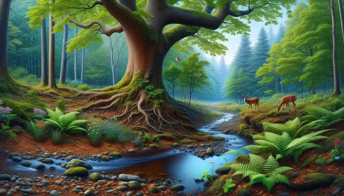 Serene forest scene with a robust tree, lush canopy, and clear stream flowing over rocks, a deer drinking at the bank, and colorful birds perched above.