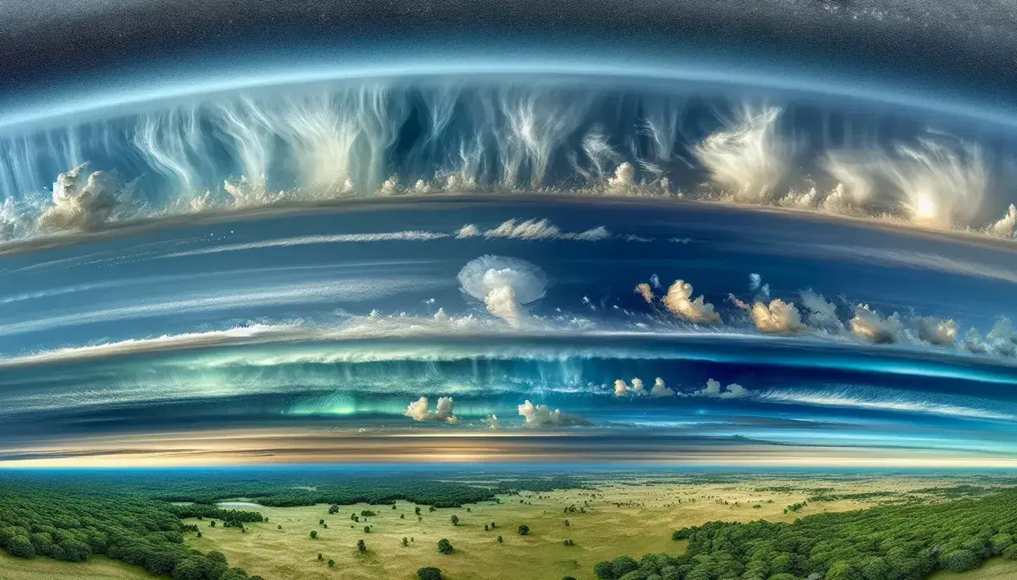 Paesaggio aperto con erba verde, alberi sparsi e cielo sfumato da blu intenso a violetto con nuvole di varie forme.