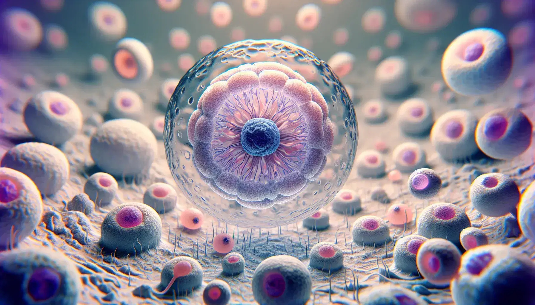 Cellule umane in varie fasi di divisione, con zygote centrale in blu e stadi di morula e blastocita circostanti, in sfumature di rosa e viola.