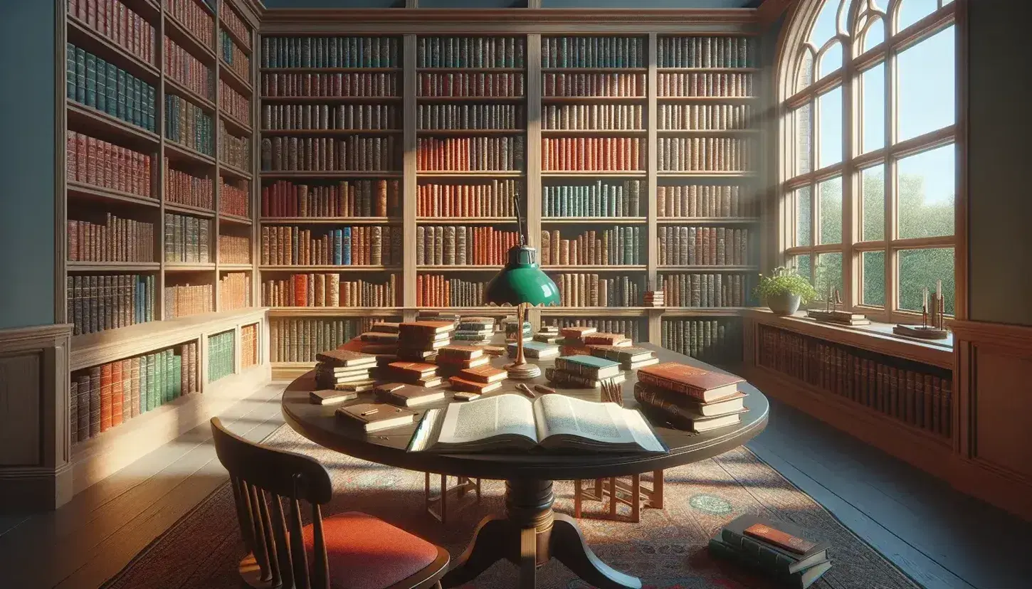 Biblioteca accogliente con scaffali in legno chiaro pieni di libri rilegati, tavolo ovale con libri aperti e lampada, sedia con cuscino rosso.