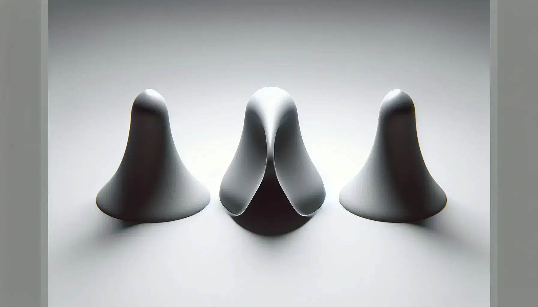 Three bell-shaped objects on a neutral surface: one symmetrical gray, one asymmetrical with gradient and one narrow and dark.