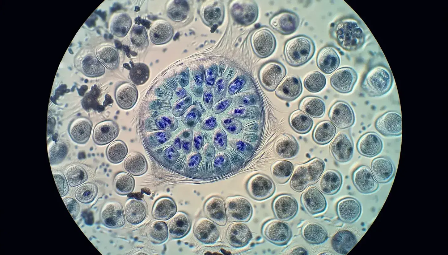 Célula en mitosis con cromosomas en metafase visibles y células en distintas fases del ciclo celular bajo microscopio óptico.