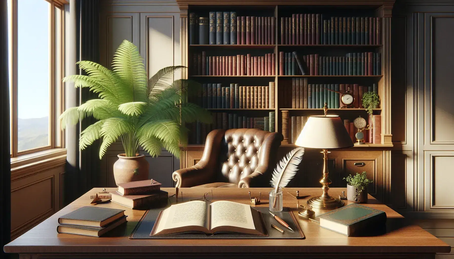 Peaceful study with wooden desk, open book, inkwell with feather, plant, vintage lamp, full bookcase and skull on coffee table.