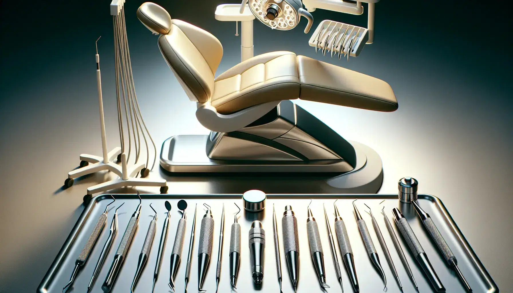 Instrumental odontológico alineado en superficie lisa con silla dental moderna y carro de equipos al fondo, reflejando higiene y profesionalismo.