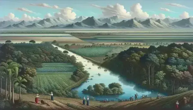 Paesaggio naturale con fiume serpeggiante, riflessi di cielo e nuvole sull'acqua, montagne verdi in lontananza e persone che lavorano nei campi.