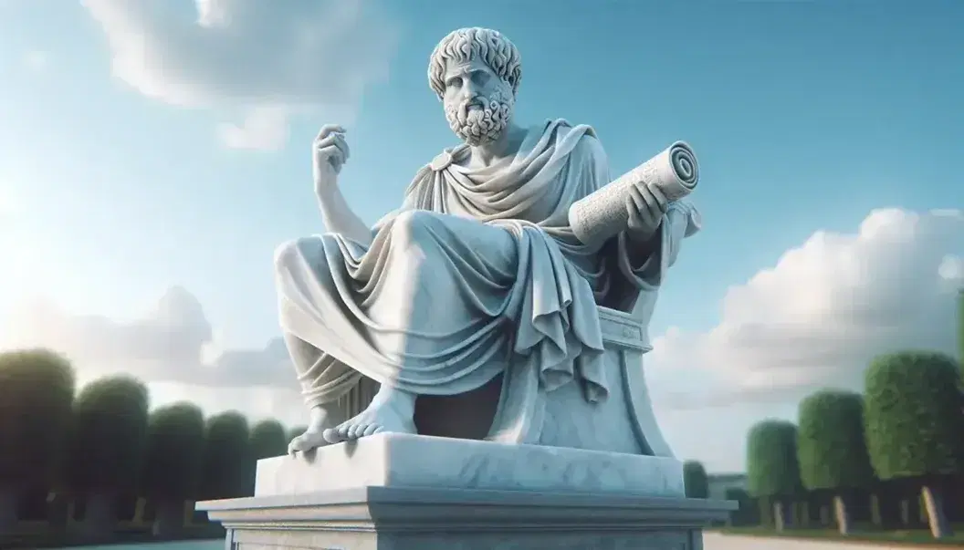 Statua in marmo bianco di Aristotele seduto all'aperto, con toga e papiro, sotto un cielo azzurro con nuvole sparse.