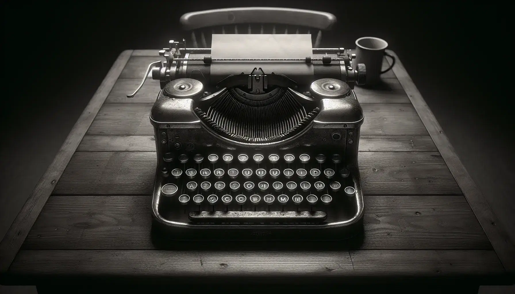 Vintage black and white photograph showcasing a well-used typewriter on a wooden desk with a dark ceramic mug in the background.