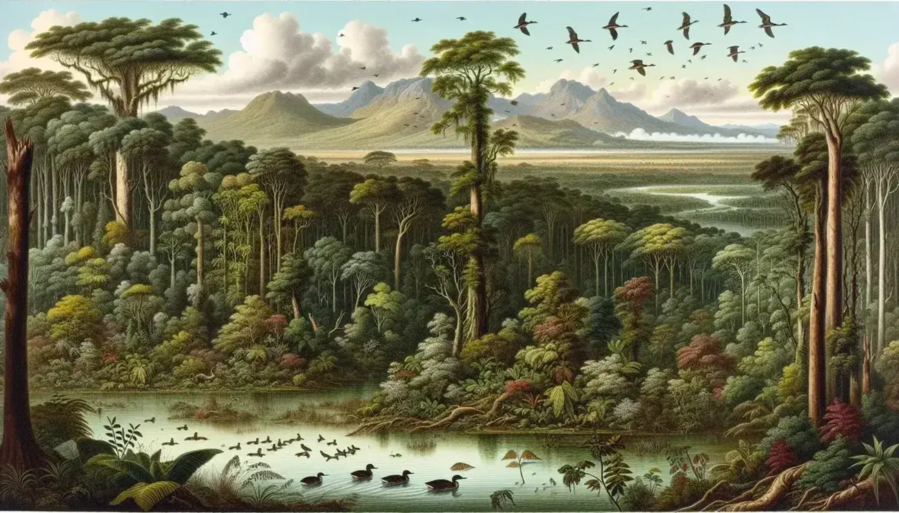 Paisaje natural diverso con bosque frondoso, lago reflejando cielo azul, montañas nevadas al fondo y fauna como patos y ciervos.