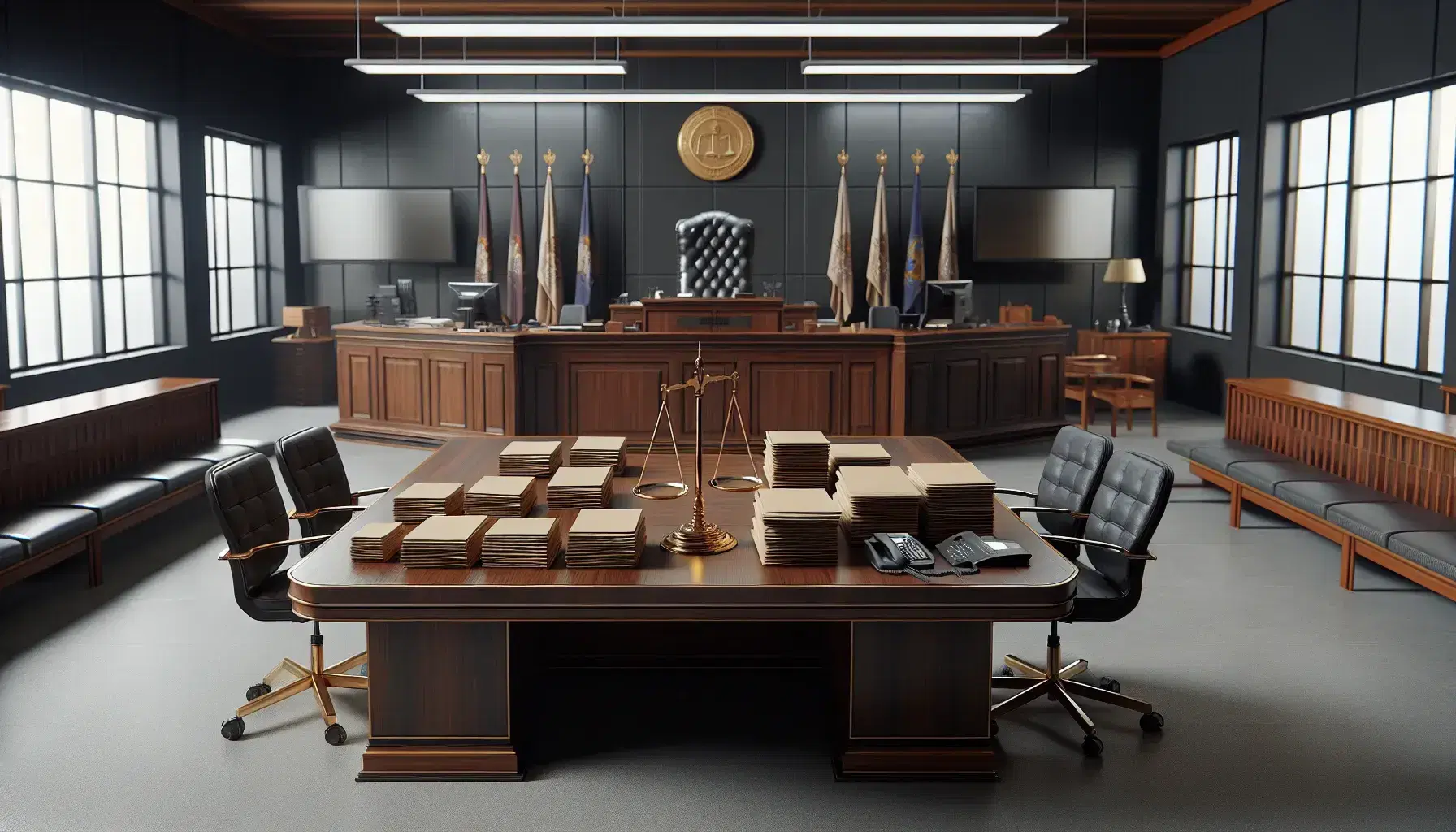 Interior de sala de tribunal civil con mesa de madera oscura, papeles ordenados, balanza de justicia equilibrada, silla de juez vacía y banderas unicolores.