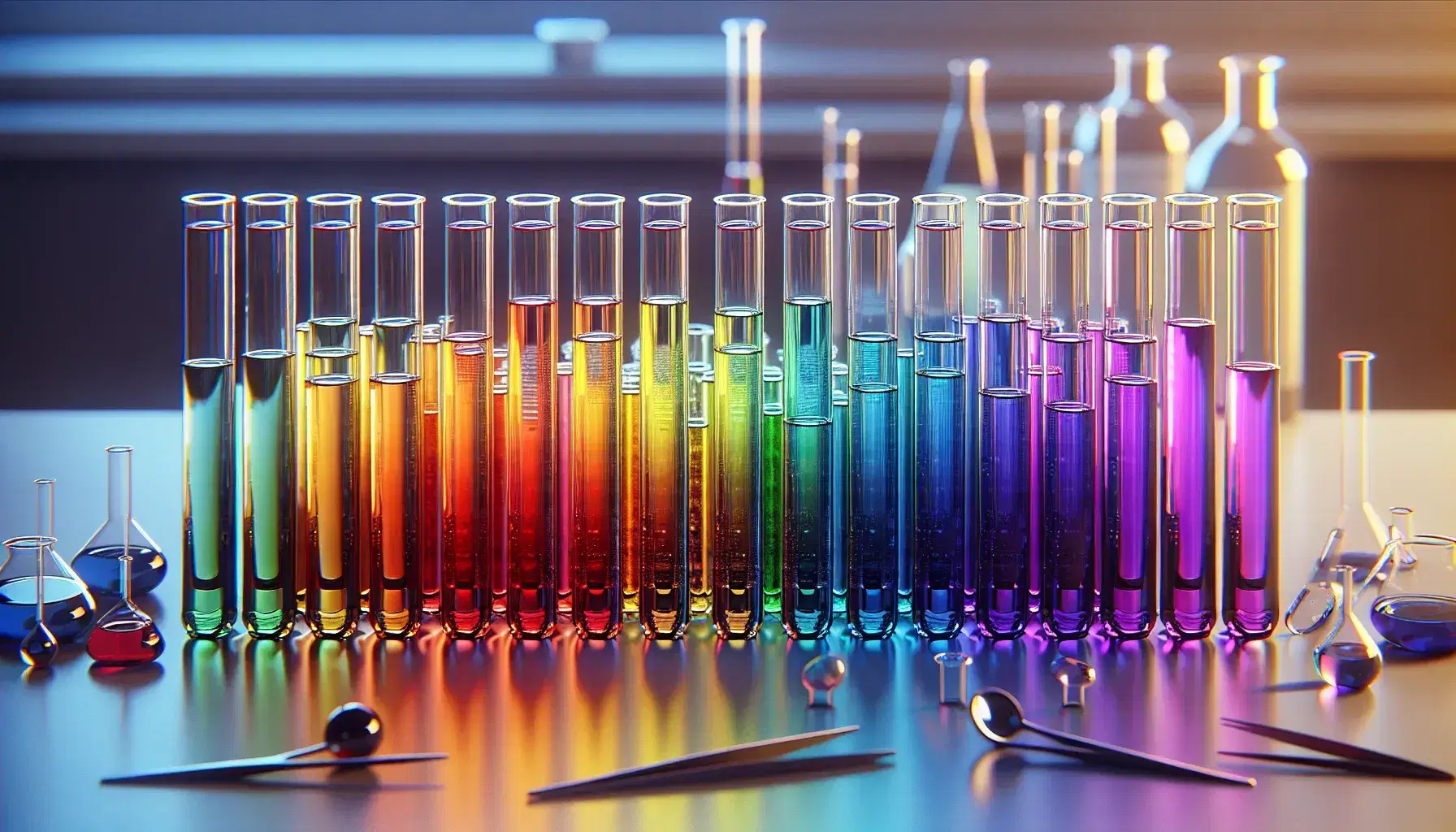 Provette in vetro trasparente con liquidi colorati in gradazione arcobaleno da rosso a viola su banco da laboratorio, con sfondo sfocato di strumenti.