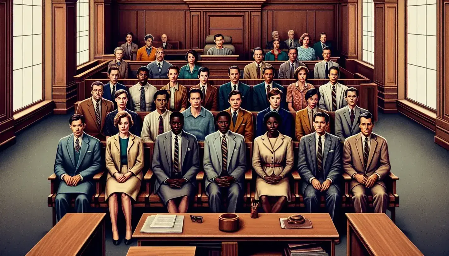 Attentive multi-ethnic jury in courtroom with wooden furniture and lawyer standing in front of them, representing diversity and justice.