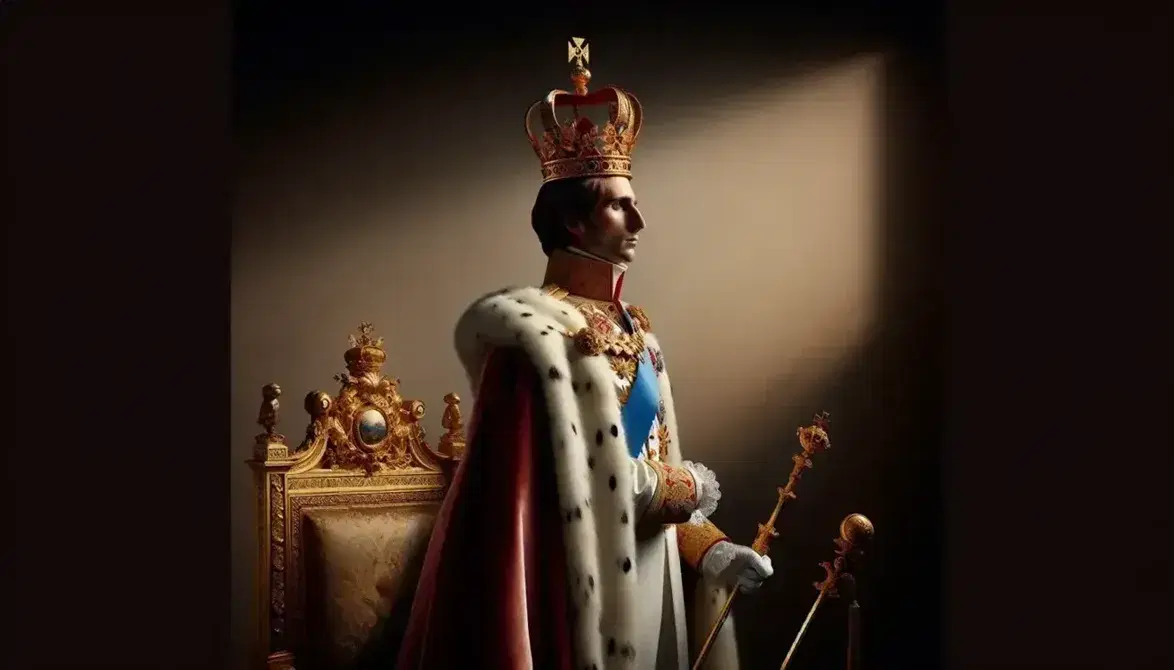 Ritratto di figura storica militare francese in abiti di incoronazione con mantello rosso, corona dorata e scettro, su sfondo sfumato.