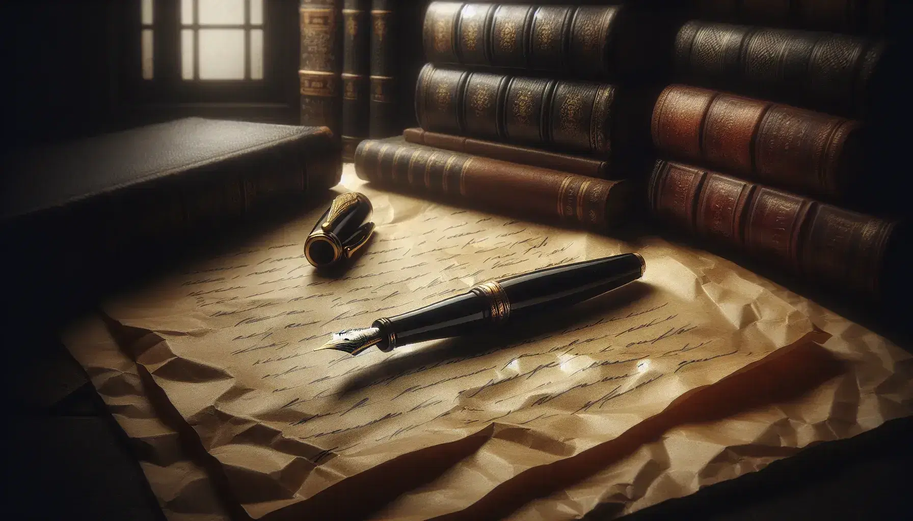 Penna stilografica vintage su foglio ingiallito con inchiostro blu e sfondo sfocato di libreria con volumi rilegati.