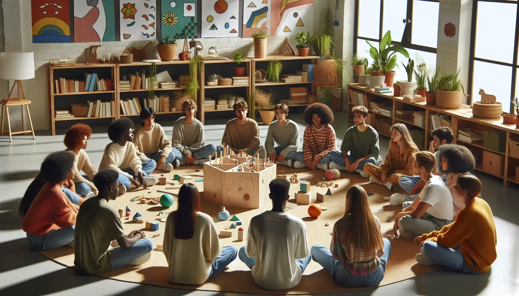 Grupo diverso de estudiantes sentados en círculo en un aula, interactuando con objetos educativos en una caja de madera, con estanterías y plantas al fondo.
