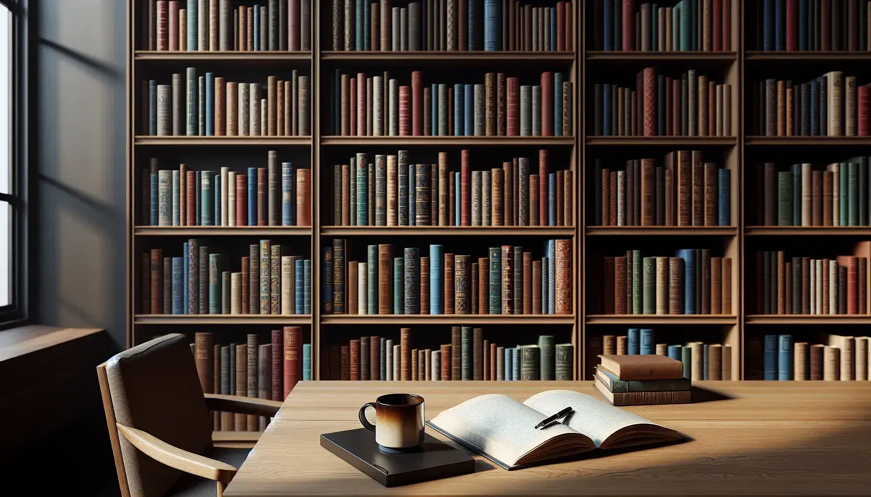 Biblioteca con estantes de madera repletos de libros coloridos, mesa con cuaderno abierto y taza de café, ambiente sereno de estudio.
