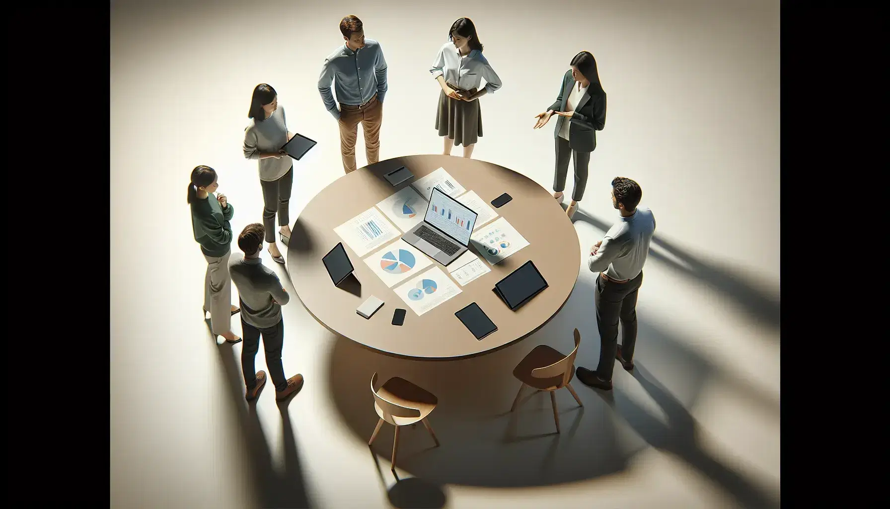 Grupo de cinco profesionales colaborando alrededor de una mesa redonda con un portátil, tabletas y papeles, en una oficina iluminada naturalmente.
