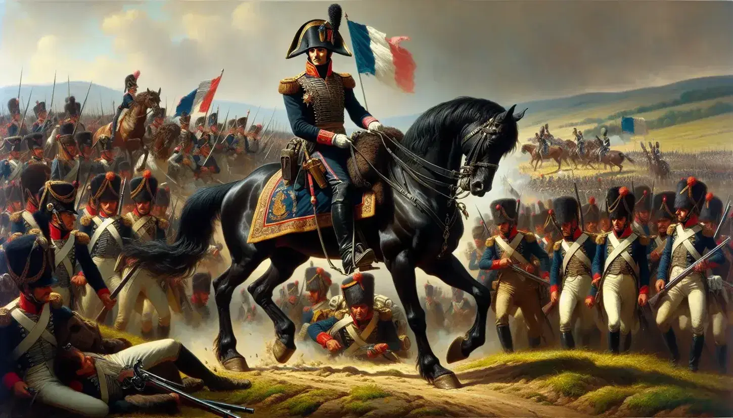 Scena di battaglia della Campagna d'Italia con ufficiale a cavallo in uniforme napoleonica e truppe armate su sfondo collinare.