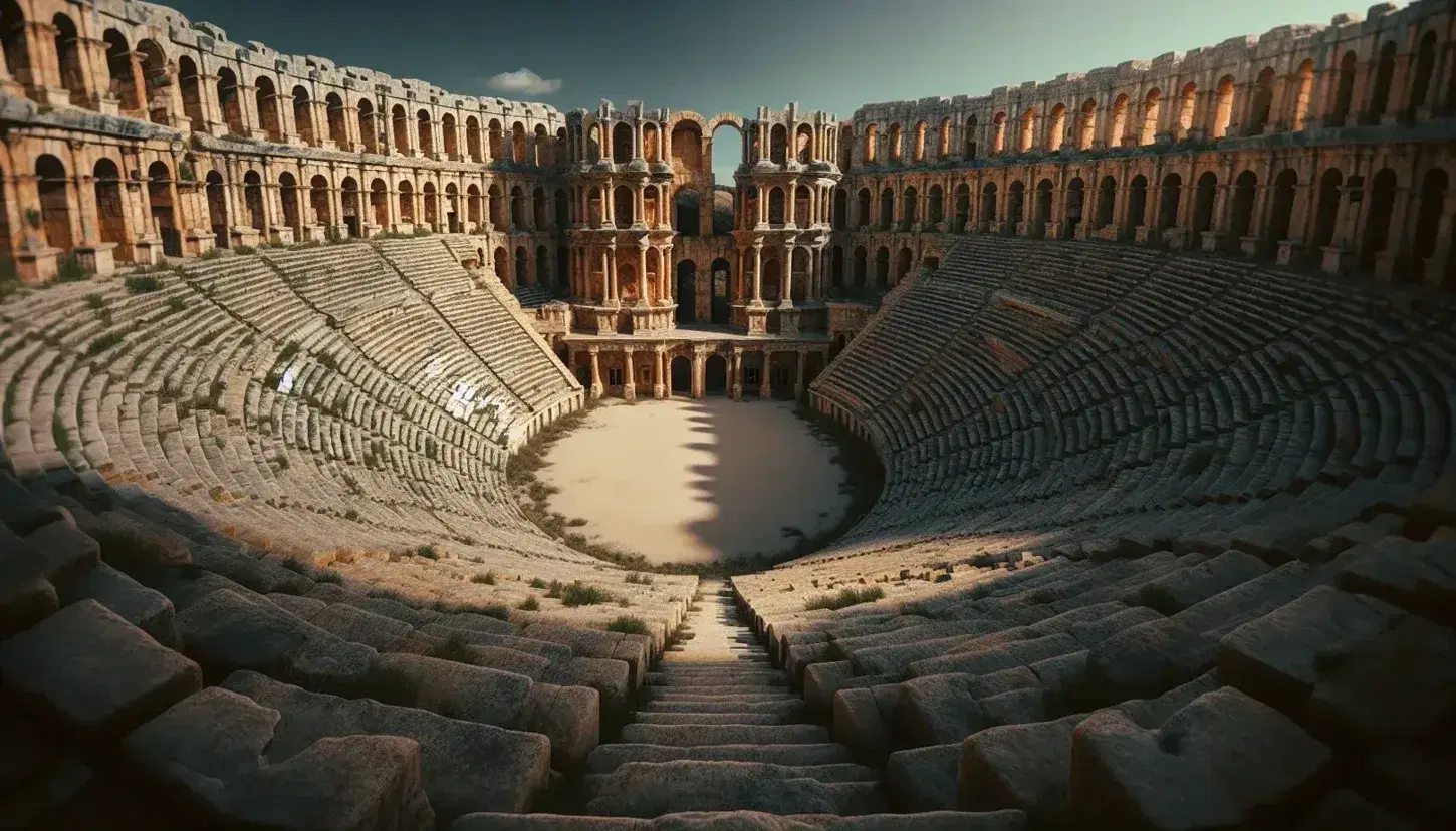 Ancient Roman-style amphitheater with weathered stone tiers and arches under a clear blue sky, showcasing architectural grandeur and historical significance.