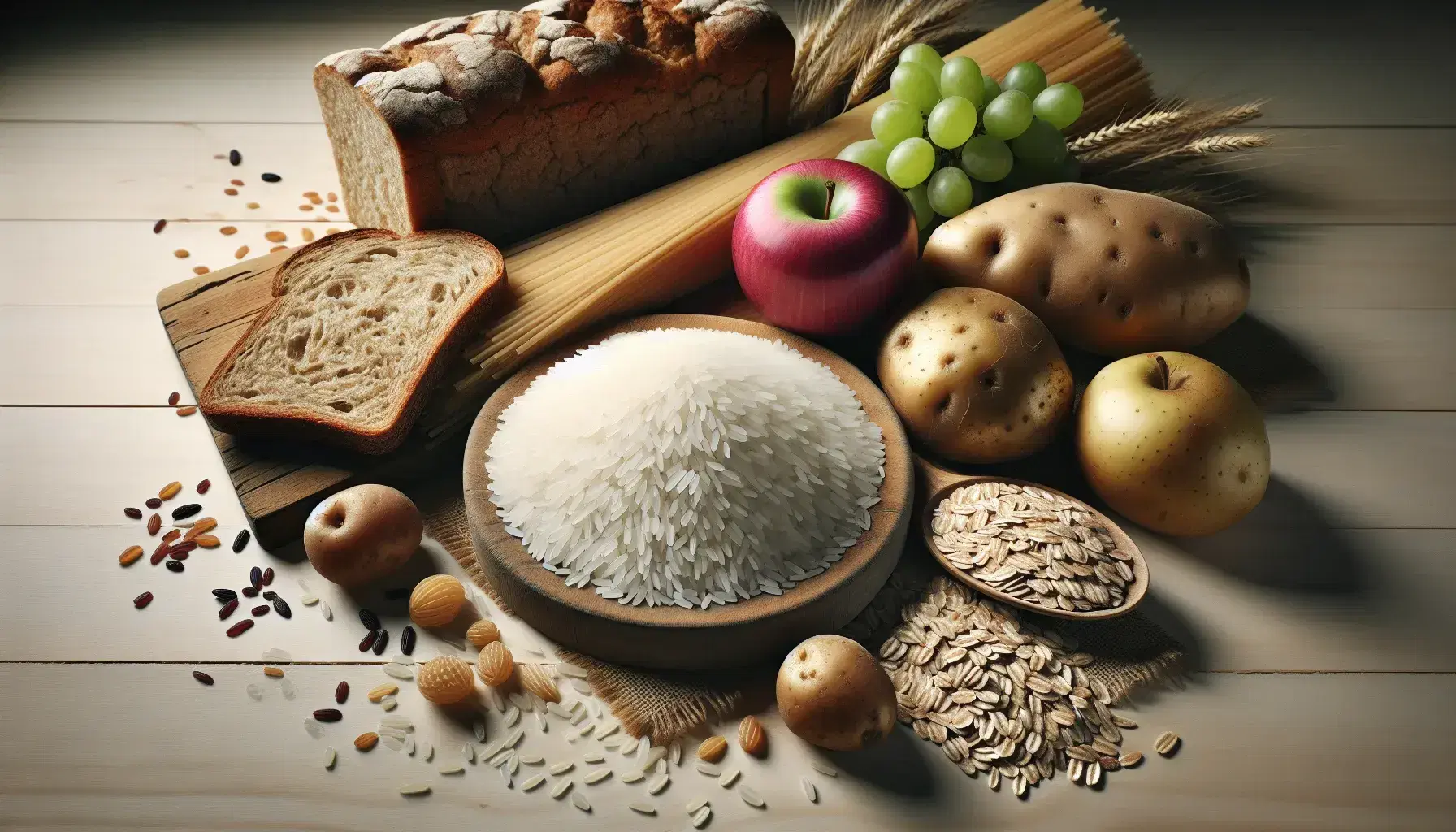 Varietà di alimenti su superficie in legno chiaro: riso bianco, mela rossa, fetta di pane integrale, patata, spaghetti crudi, fiocchi d'avena e grappolo d'uva verde.