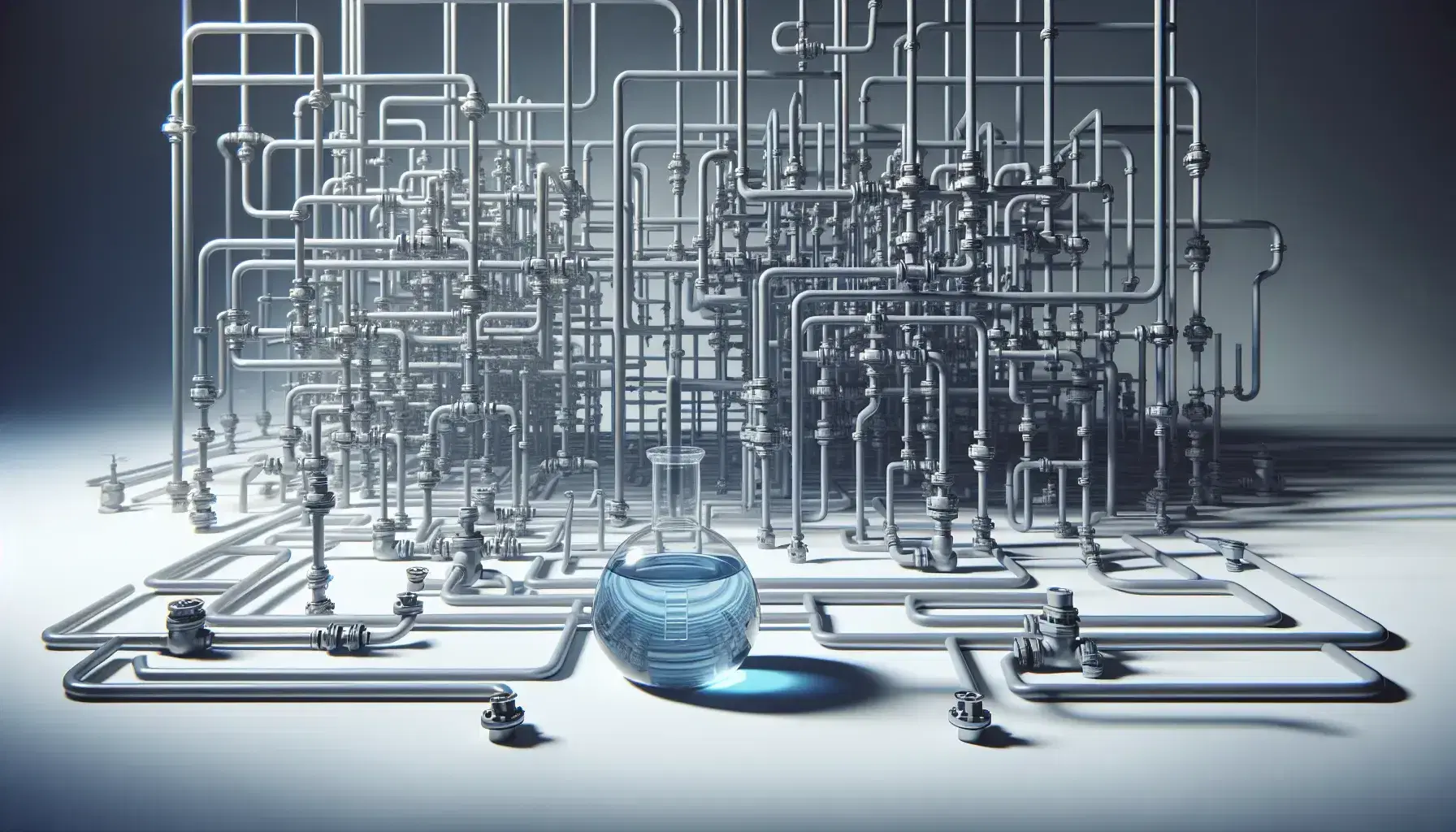 Complex network of grey interconnected pipes with valves and a glass flask containing blue liquid connected by a transparent tube on a white background.