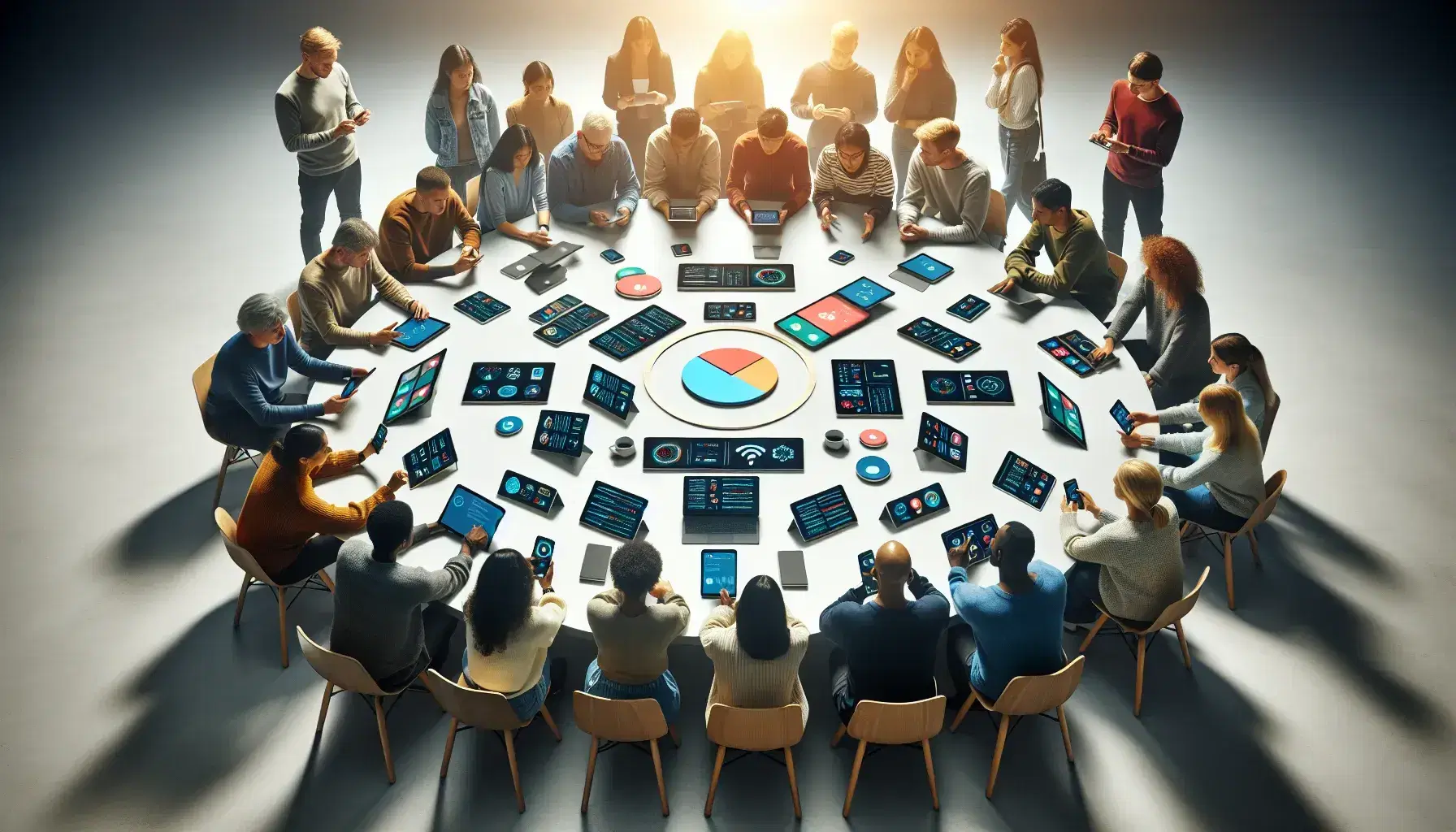 Grupo diverso de personas colaborando con dispositivos electrónicos en una mesa redonda, destacando la interacción y la tecnología en un ambiente iluminado.