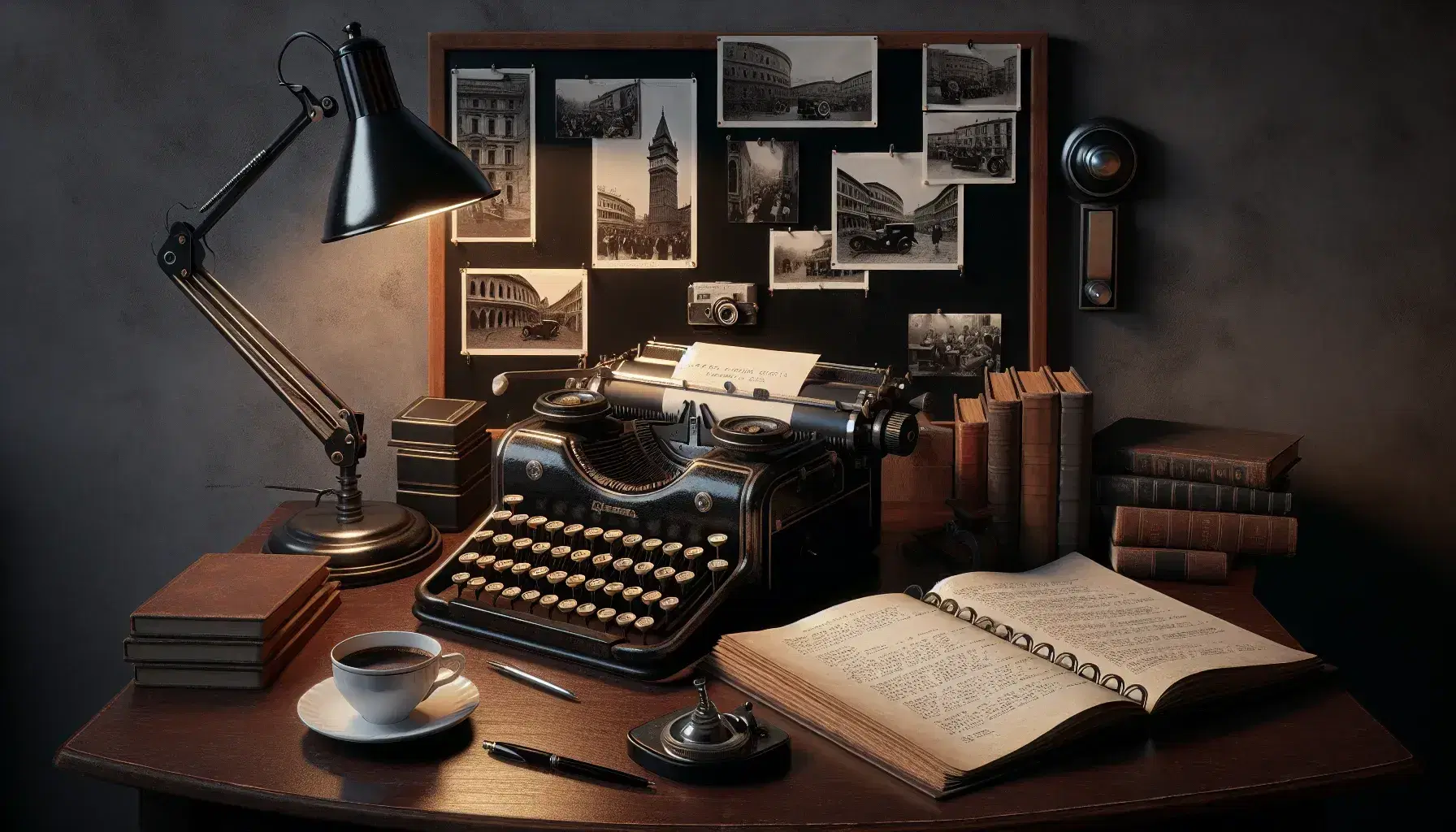 Scrivania in legno con macchina da scrivere vintage, sceneggiatura, libro aperto, foto in bianco e nero, penna stilografica, taccuino e tazza di caffè.