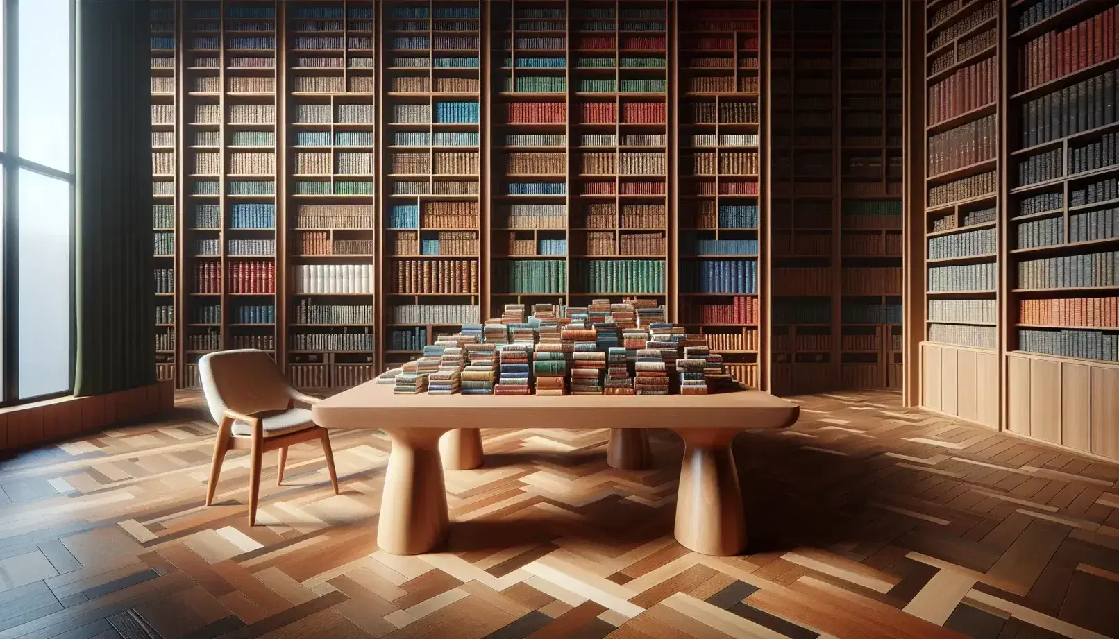 Biblioteca amplia y luminosa con mesa de madera central rodeada de estantes altos repletos de libros coloridos y sillas con cojines beige.