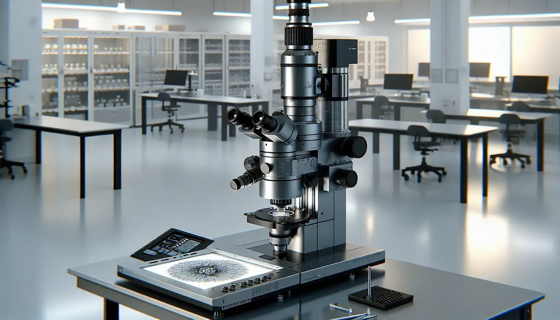 Microscopio elettronico a trasmissione avanzato in laboratorio con portaoggetti e campione biologico, ambiente sterile e attrezzature sfocate sullo sfondo.