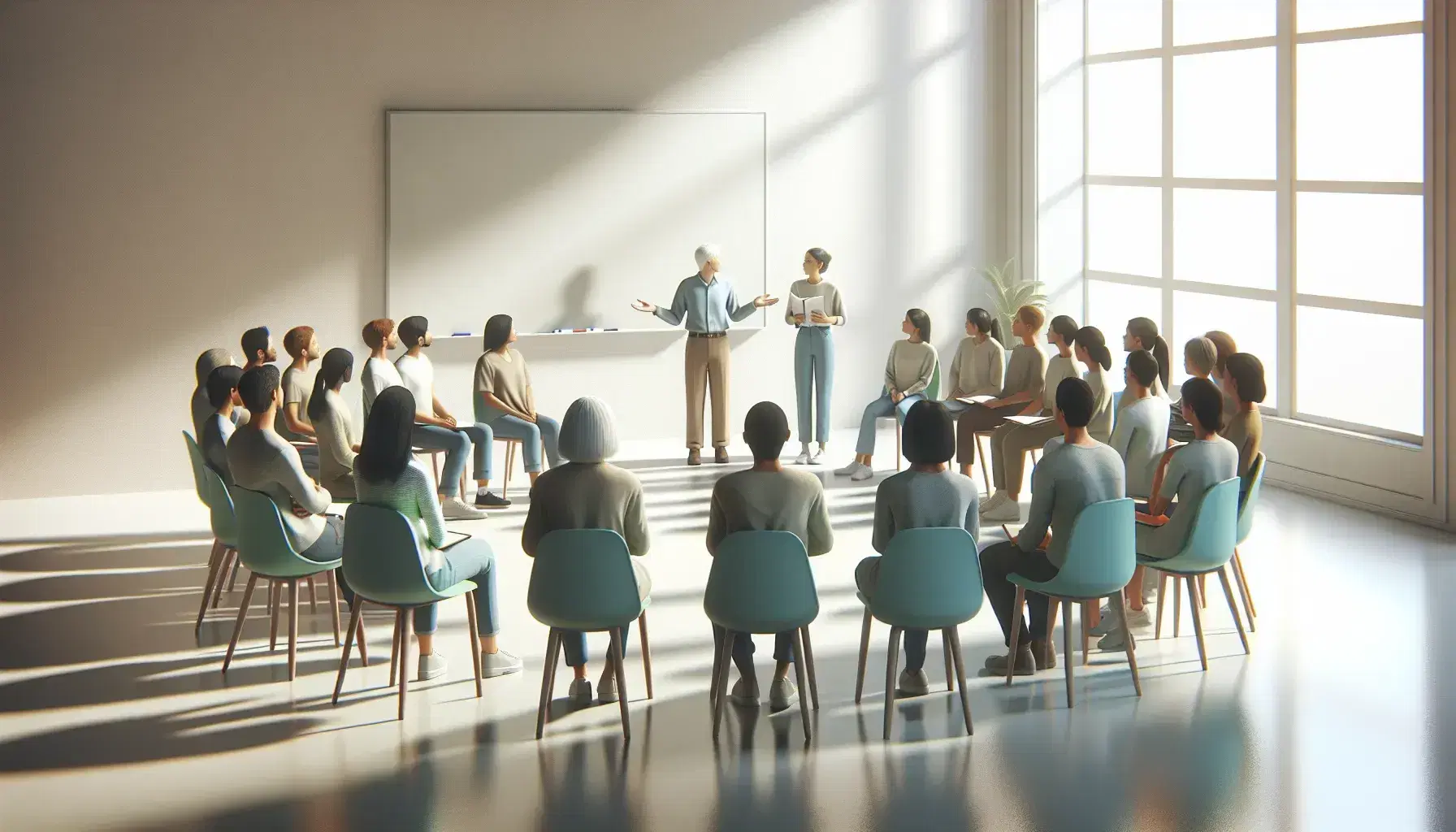 Grupo diverso atento en semicírculo a profesor explicando frente a pizarra blanca en aula iluminada naturalmente, con sillas de colores suaves y mesa con libros.