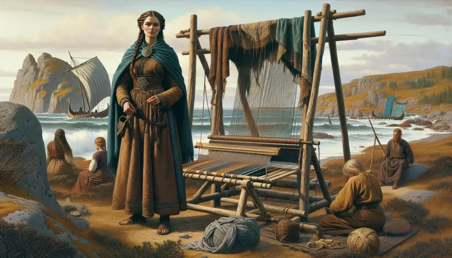 Viking woman in traditional attire weaves on a loom by the coast, with another crafting metal jewelry, and a longship anchored nearby under an overcast sky.