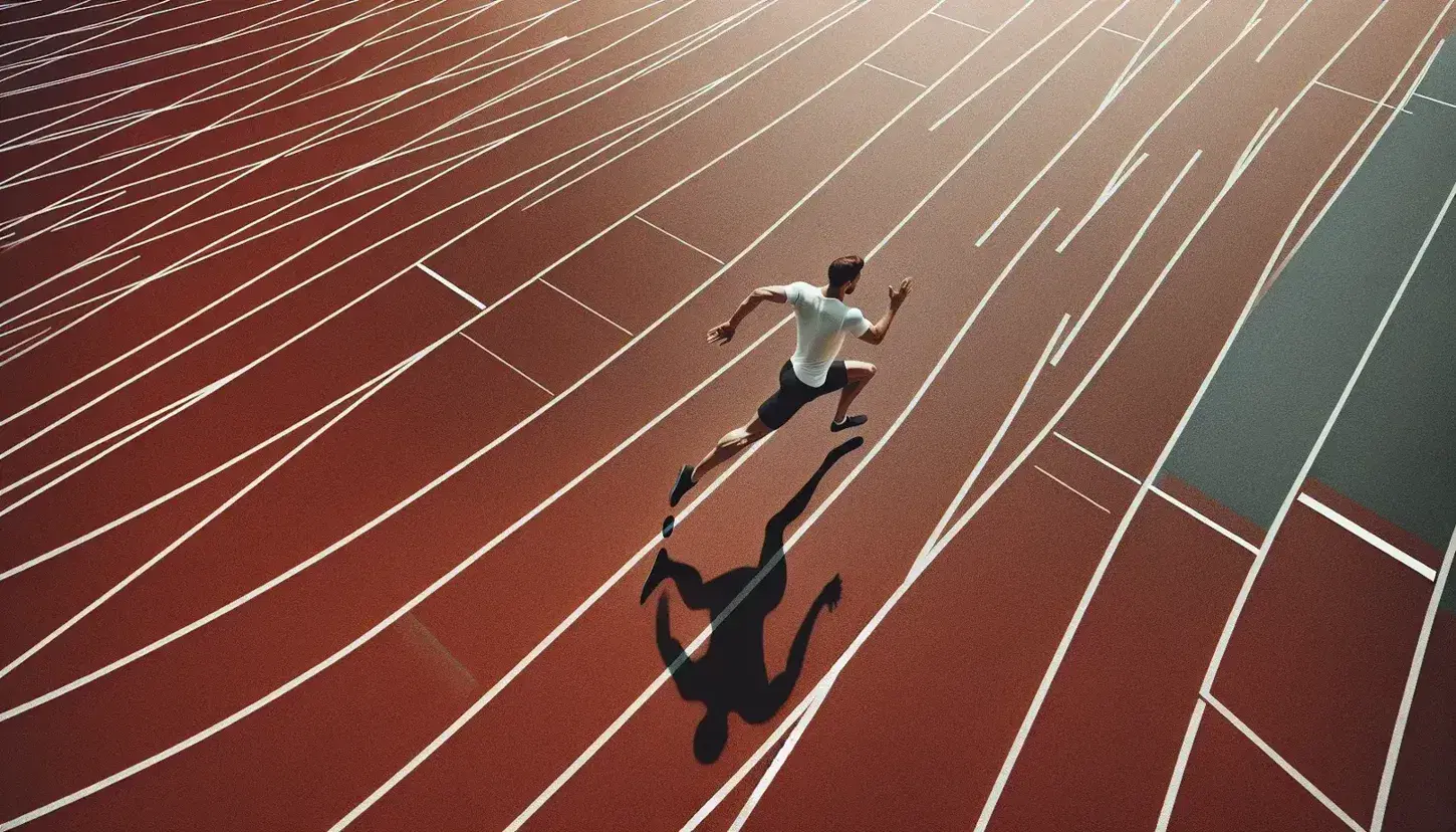 Atleta in corsa su pista di atletica con maglia bianca e pantaloncini neri, in una giornata serena, senza ostacoli o segni visibili.