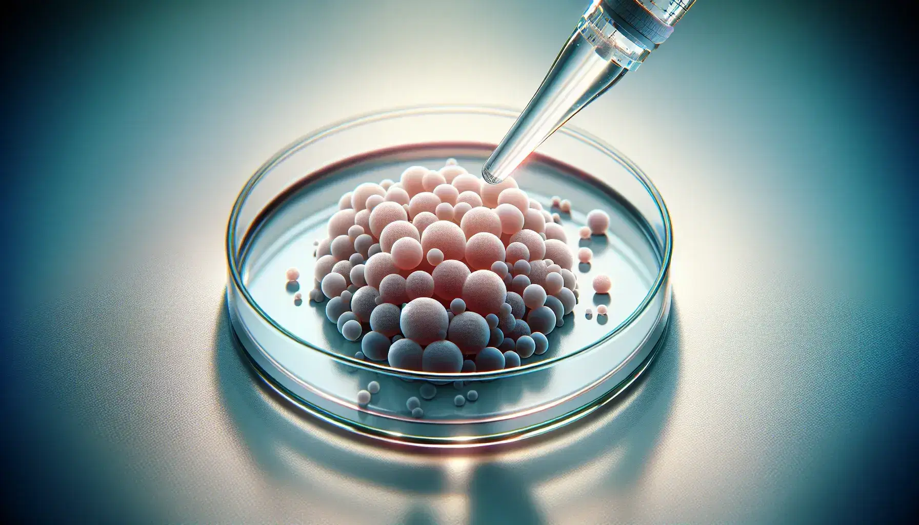 Close-up view of a petri dish with stained spherical cells and a pipette tip above, in a blurred laboratory setting.