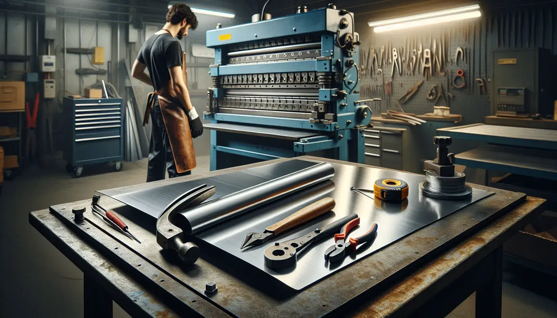 Taller de hojalatería con mesa de trabajo y lámina metálica, herramientas manuales, máquina dobladora de placas y trabajador con equipo de protección.