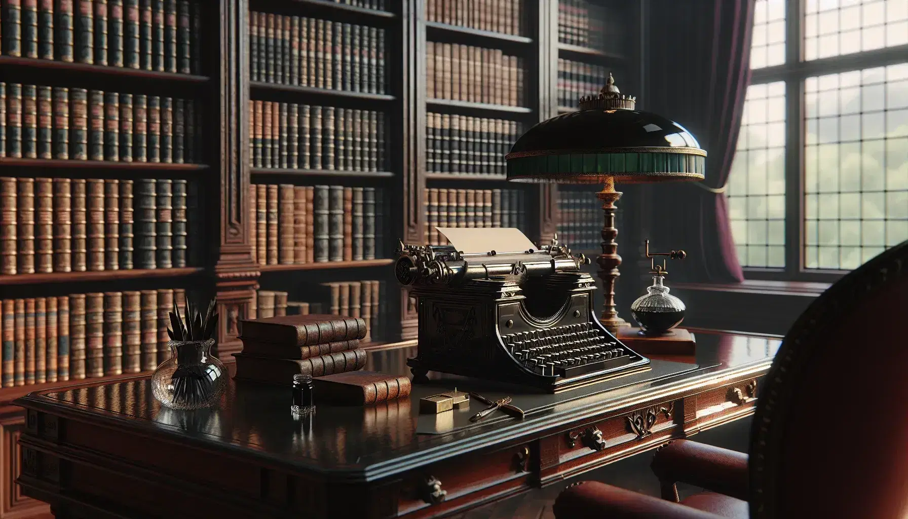 Biblioteca antica con scrivania in legno scuro, macchina da scrivere vintage, lampada in ottone, inchiostro e libri rilegati su scaffali.