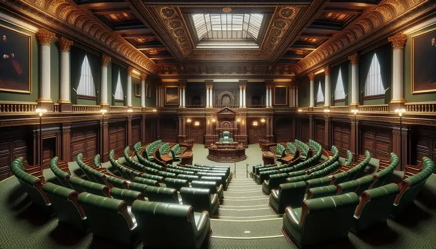 Empty legislative chamber with green leather benches in a horseshoe layout, ornate chair with canopy, dark wood paneling, arched windows, and gold-leaf vaulted ceiling.