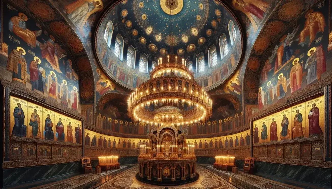 Interior of a Byzantine style church with golden chandelier, mosaics depicting religious figures and ornate iconostasis on geometric marble floor.