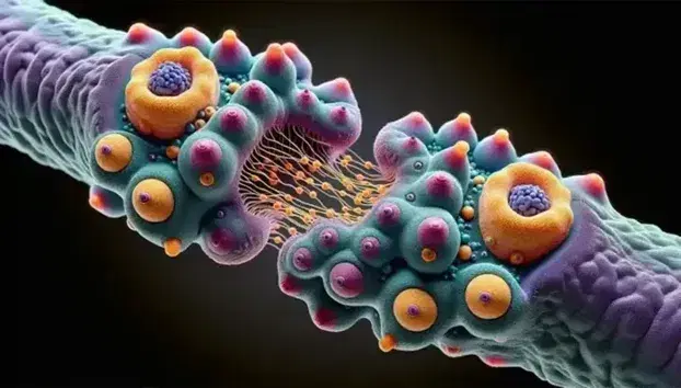 Representación tridimensional detallada de una sinapsis neuronal con terminal axónico y vesículas de neurotransmisores en contraste con receptores postsinápticos.