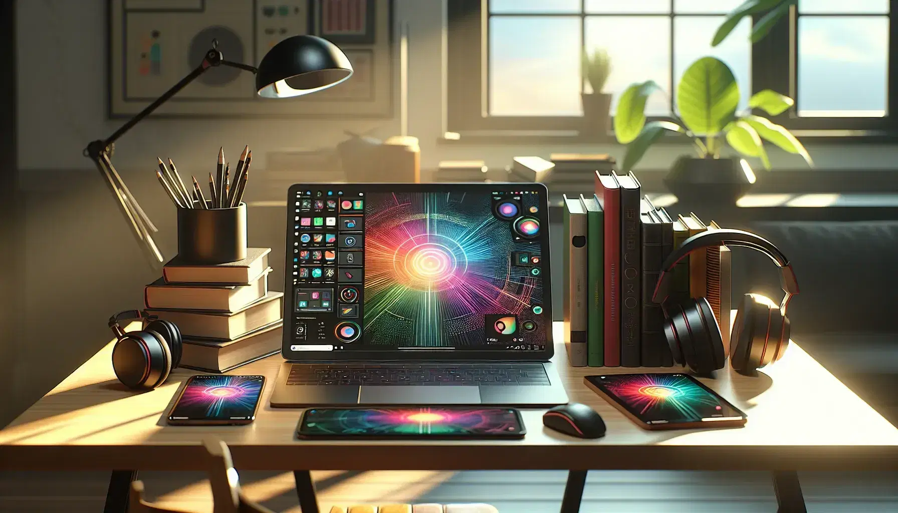 Espacio de trabajo moderno con laptop abierto, tablet con lápiz óptico, smartphone, libros y planta, iluminado naturalmente.
